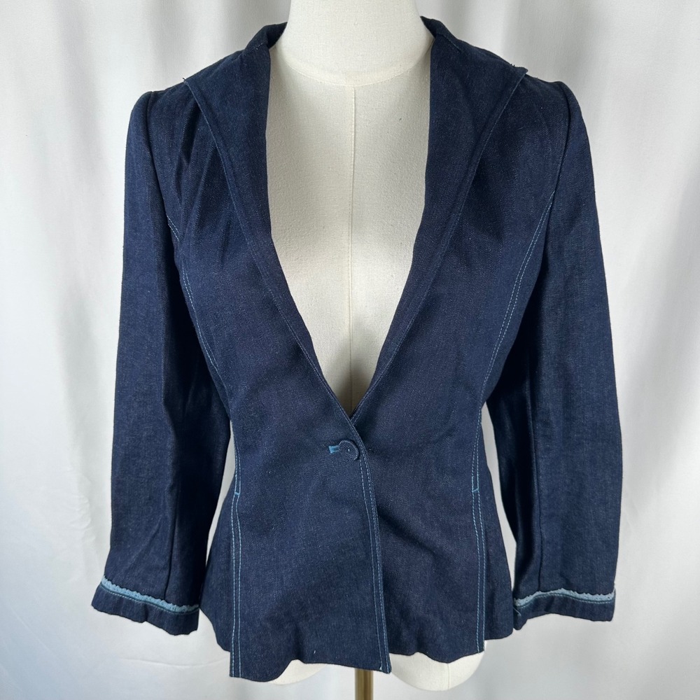 Vtg Obzee Denim Jacket Womens M 66 Blue Kangjinyoung Designer Peplum Structured